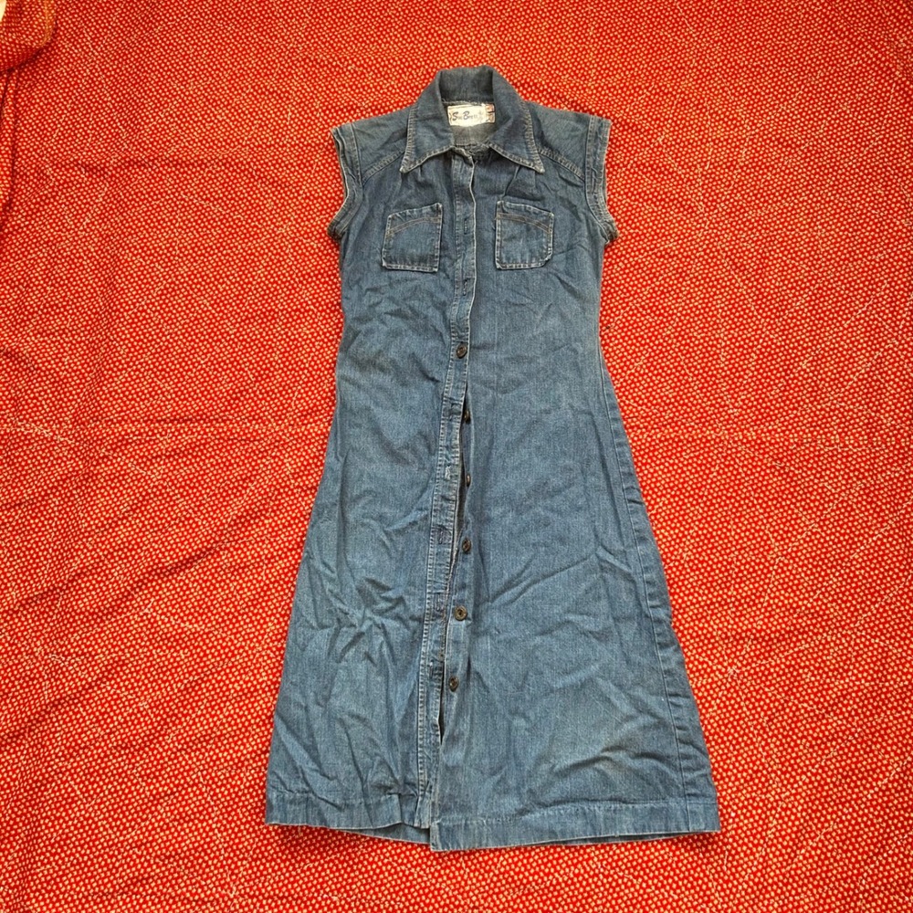 Vintage Sue Brett 70s Denim Sleeveless Button Up Midi Dress Blue Size 9/10